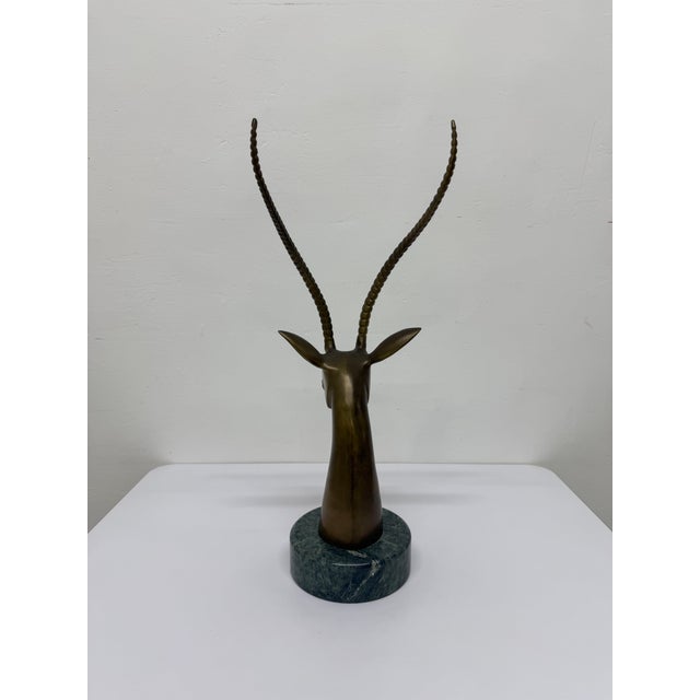 Stone Brass Gazelle Sculpture on Variegated Green Marble Base, 1970s For Sale - Image 7 of 18