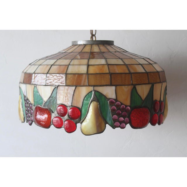 1970s 1970s Tiffany-Style Stained Glass Fruit Leaf Motif Pendant Hanging Light Fixture For Sale - Image 5 of 18