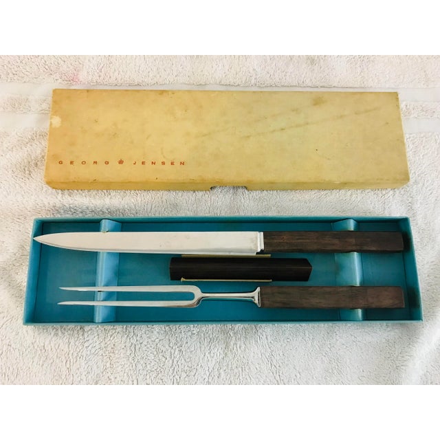 Brown Georg Jensen Rosewood Carving Set Original Box Original Rosewood Stand 1960s Denmark- 3 Pieces For Sale - Image 8 of 9