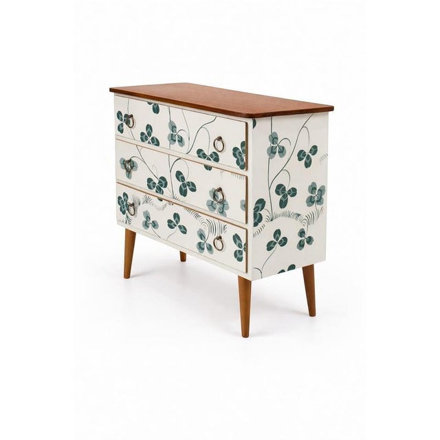 Scandinavian Modern Teak Commode with Clover Wallpaper by Josef Frank For Sale - Image 6 of 10