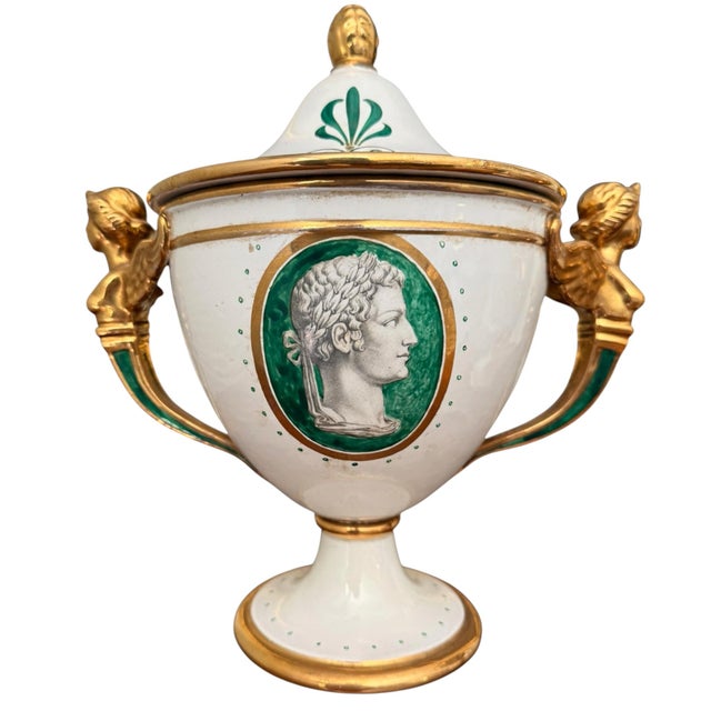 Ugo Zaccagnini Vintage Ugo Zaccagnini Italian Neoclassical Urns With Faux Malachite Cartouches - A Pair For Sale - Image 4 of 15