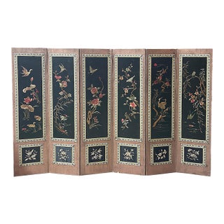 Vintage Black Fabric Flower Birds Table Top Folding Screen Art For Sale