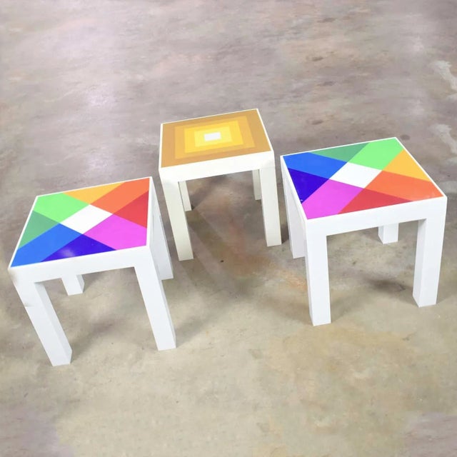 Josef Albers MCM Trio of Mod Pop Art Side Tables Plastic Square Parsons Style After Kartell or Syroco For Sale - Image 4 of 13