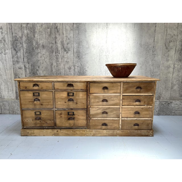 Dimensions: 198cm wide x 77cm deep x 84cm high. 8 Drawers 40cm wide x 61cm deep x 13cm high, 2 drawers measure 42cm wide x...