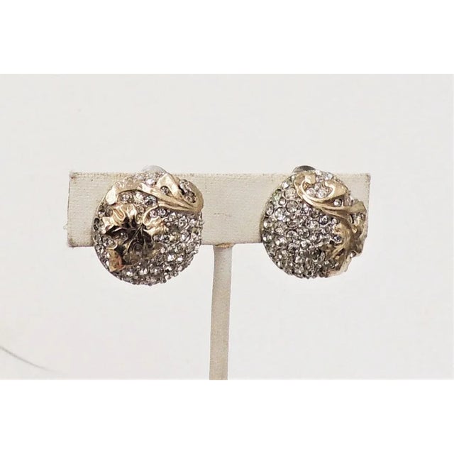 Metal Vintage 1950s Signed Reja Pave Clear Rhinestone Leaf Clip Earrings - 2 Pieces For Sale - Image 7 of 8