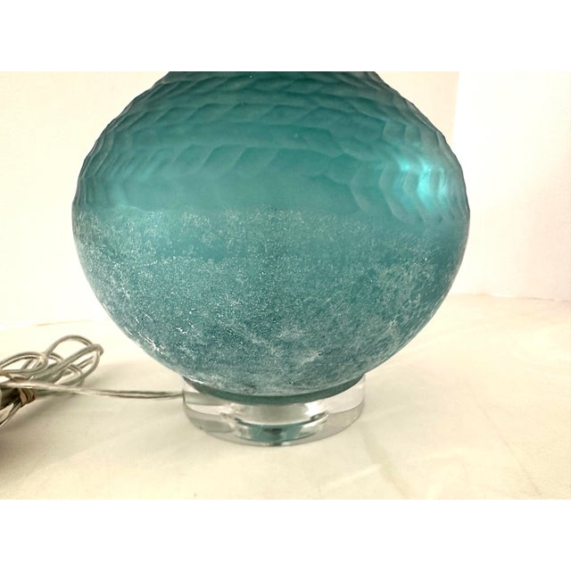 Aqua Blue Carved Art Glass Crystal Table Lamp For Sale - Image 4 of 8