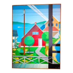 1983 Signed Precissionist Oil on Canvas Harbor Scene, Framed