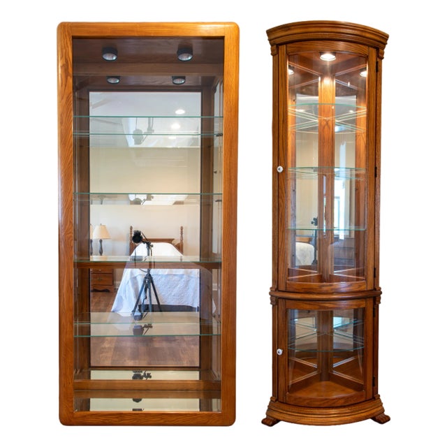 Vintage-Style Tall Oak Curio Display Cabinet W/ Illuminated Glass Shelves, Magnetic Doors & Antique Brass Knobs For Sale