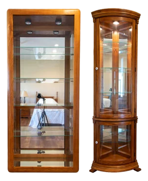 Vintage-Style Tall Oak Curio Display Cabinet W/ Illuminated Glass Shelves, Magnetic Doors & Antique Brass Knobs