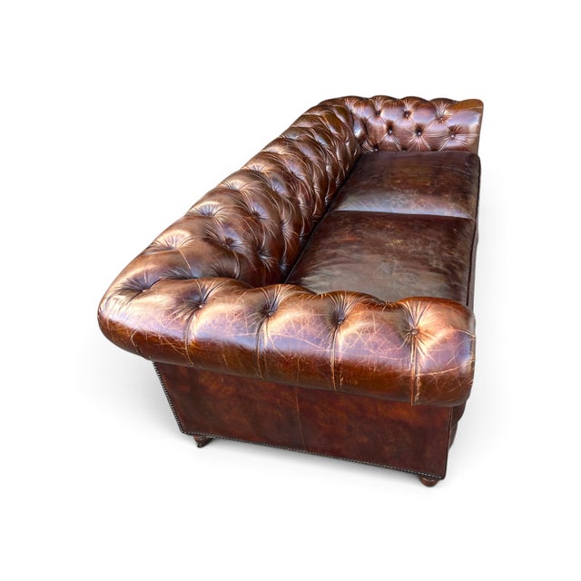 Wood Restoration Hardware Chesterfield Cognac Leather Sofa With Brass Nailhead & Casters For Sale - Image 7 of 18