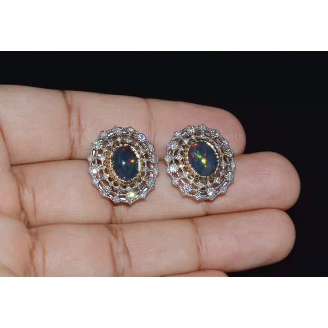 Early 21st Century Certified Natural 4.41Cts VS F Diamond Black Opal 18K Solid Gold Cocktail Earrings, A Pair For Sale - Image 5 of 10