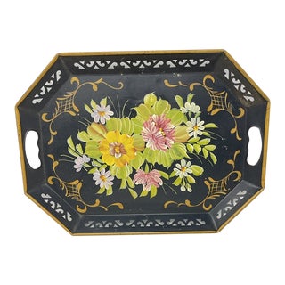 Antique Pilgrim Hand-Painted Black Metal Tole Tray For Sale