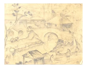 Futurist City - Original Pencil Drawing by C. Borg Pisani - Early 20th Century