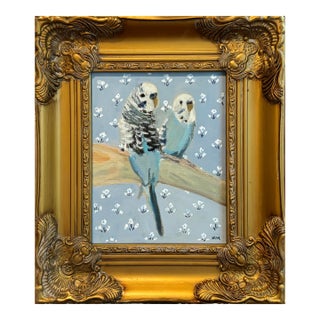 “Budgies Got the Blues” an Original Framed Painting by Michelle Heimann. For Sale