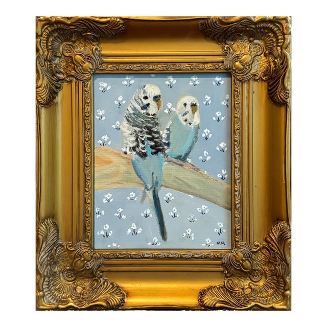 “Budgies Got the Blues” an Original Framed Painting by Michelle Heimann. For Sale