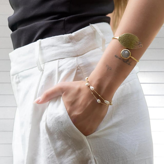 Metal Cleopatra Gold Leaf & Pearl Stone Cuff Bracelet For Sale - Image 7 of 8