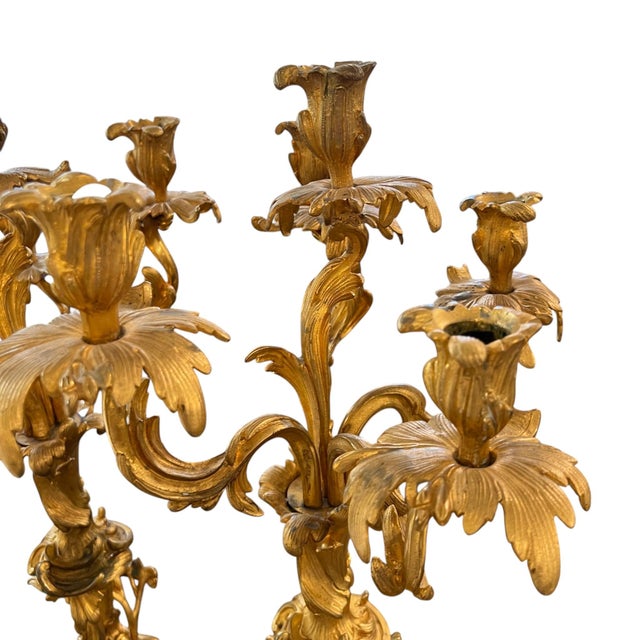 19th Century 19th Century Pair of Louis XV Style Large Gilded Ormolu 5 Light Candelabras For Sale - Image 5 of 7