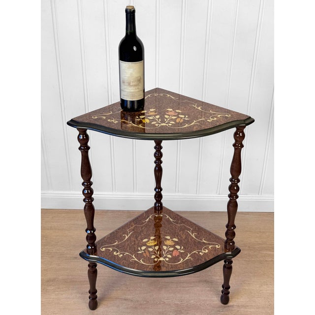 Victorian Vintage Italian Rococo Marquetry Fruitwood 2-Tier Corner Shelf For Sale - Image 3 of 11