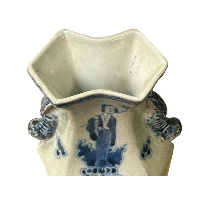 Vintage Rhombus Shape Blue White Eight Immortal Graphic Porcelain Vase For Sale - Image 18 of 18