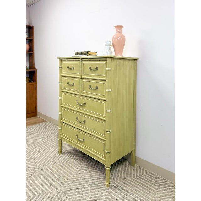 Wood Mid 20th Century Henry Link Bali Hai Tallboy Dresser Green Vintage 5 Drawer Hollywood Regency For Sale - Image 7 of 18