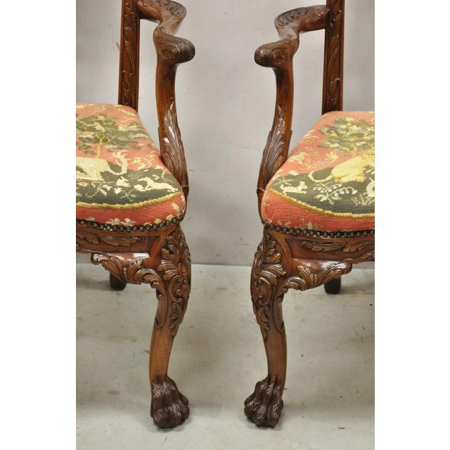 Wood Late 20th Century Maitland Smith Georgian Carved Mahogany Needlepoint Dining Arm Chairs - A Pair For Sale - Image 7 of 11