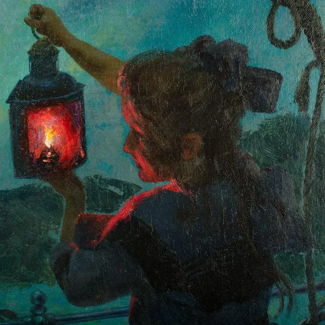 Textile Early 20th Century "Girl with Lantern" Figurative Oil Painting by Otto Toaspern For Sale - Image 7 of 11