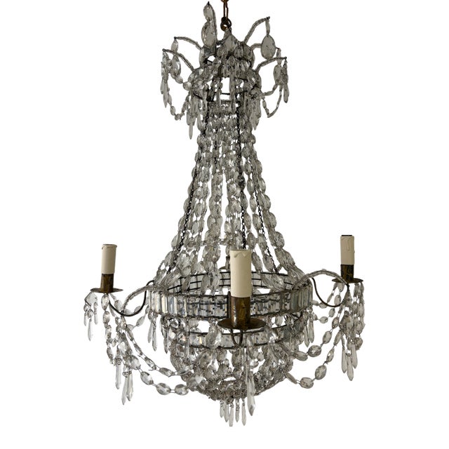 19th C Rare Crystal Beaded Empire Chandelier French Hand Tied Oval Prisms, C1850 For Sale