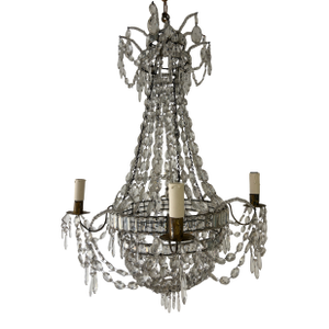 19th C Rare Crystal Beaded Empire Chandelier French Hand Tied Oval Prisms, C1850