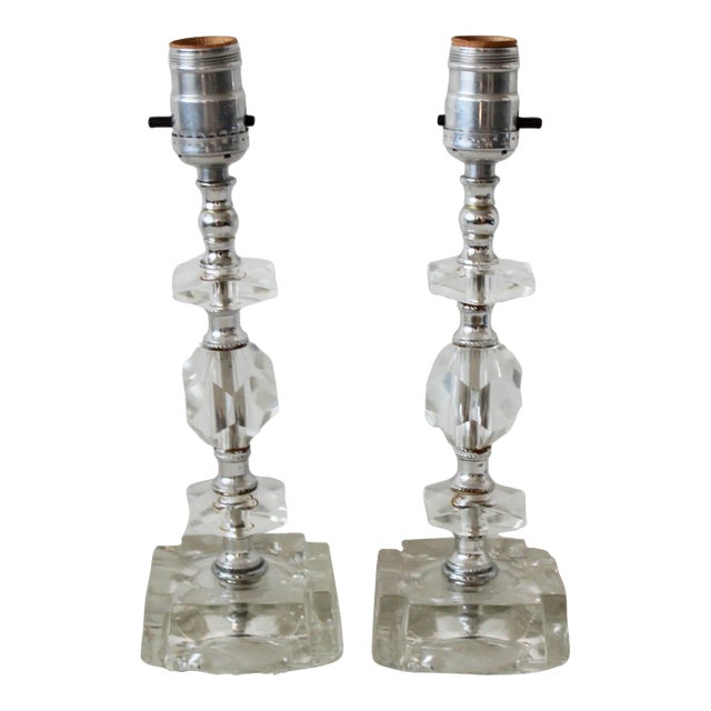 Vintage Mid Century Chrome Cut Glass Small Scale Table Lamps-A Pair For Sale