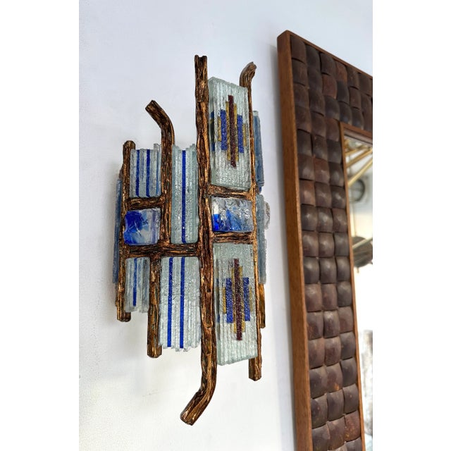 Longobard Pair of Hammered Glass Wrought Iron Sconces by Longobard, Italy, 1970s For Sale - Image 4 of 13