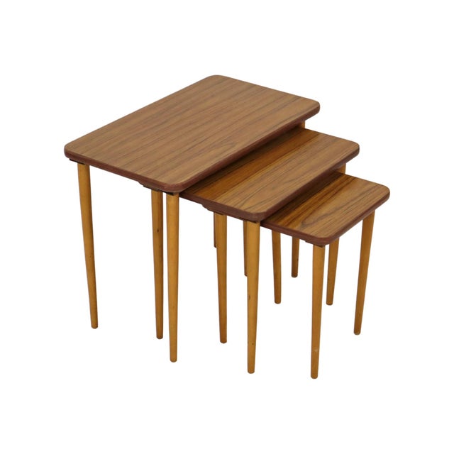 Vintage Nesting Tables in Formica, Walnut and Beech with Conical Legs, 1950s, Set of 3 For Sale - Image 10 of 10