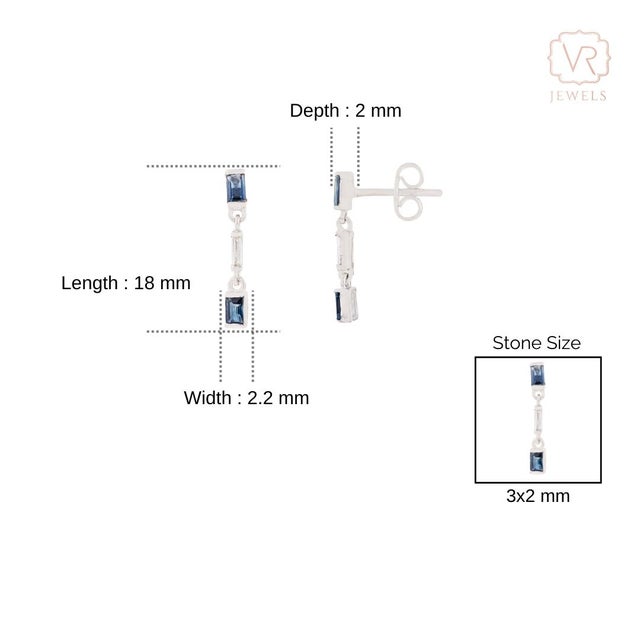 Navy Blue Natural Blue Sapphire Drop Earrings With Baguette Diamonds in 14k White Gold- A Pair For Sale - Image 8 of 12