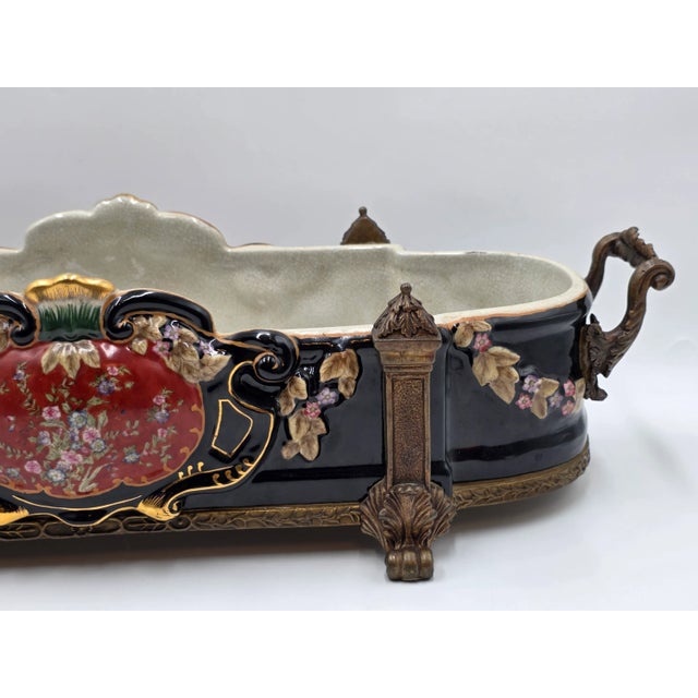 Antique XL Castilian Porcelain Bronze Bowl Centerpiece Clawfoot Floral Victorian For Sale In Houston - Image 6 of 15