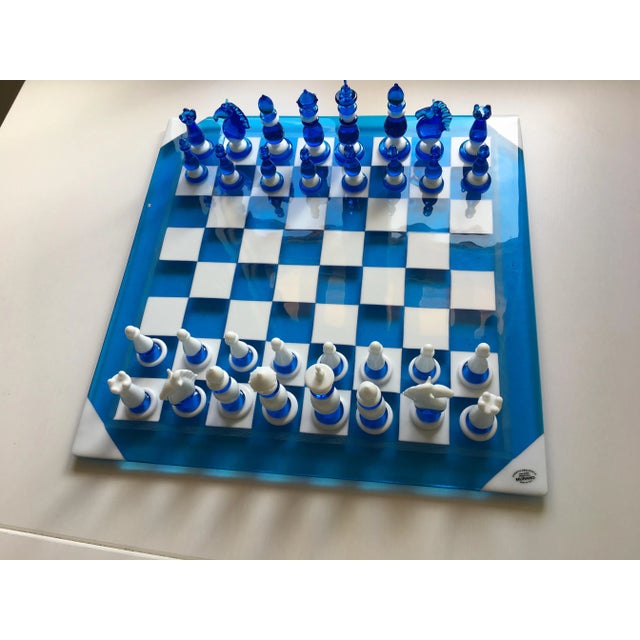 Late 20th Century Vintage Scacchiera in Vetro DI Murano White & Blue Glass Chess Board For Sale - Image 5 of 8