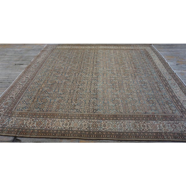 Textile 1880s Blue Navy Antique Warn Square Geometric Knotted Wool Persian Malayer Rug For Sale - Image 7 of 9
