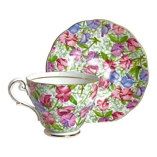 Reserved - Vintage Sweet Pea Tea Cup & Saucer, April Birthday Flower of the Month, Royal Standard Bone China, England For Sale