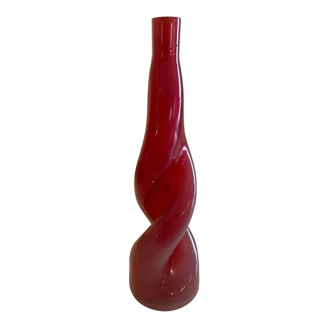 Thick Twisted Red Art Glass Bud Vase For Sale