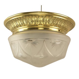Large Brass Ceiling Light with Hand-Cut Lead Crystal Shade, France, 1920s For Sale