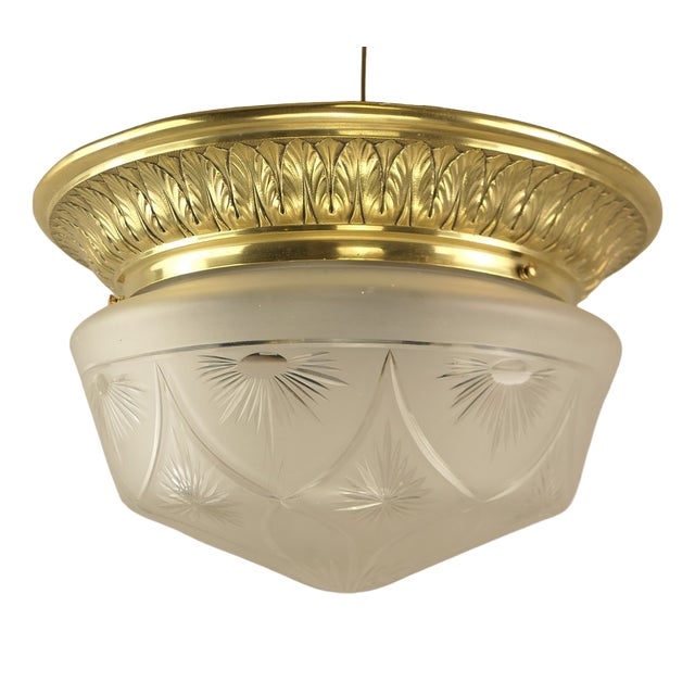 Large Brass Ceiling Light with Hand-Cut Lead Crystal Shade, France, 1920s For Sale