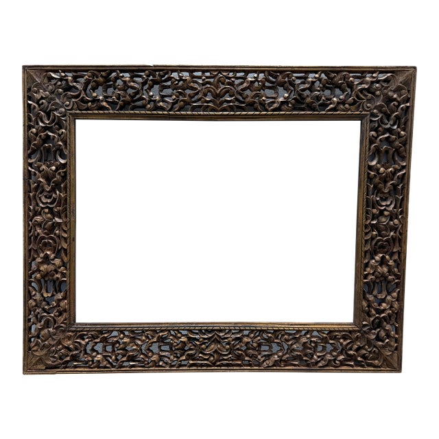Large Ornate Vintage Hand-Carved & Gilded Indian Wood Mirror or Picture Frame For Sale