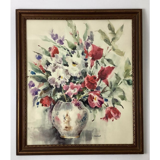 Impressionist Vintage Signed S. Ritchkoff Watercolor Still Life – Vase of Flowers. For Sale - Image 3 of 7