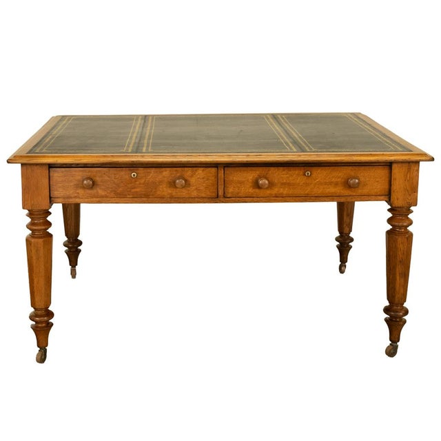 Antique English Oak & Leather Top Double-Sided Library Table Partner's Desk 1860 For Sale - Image 11 of 13