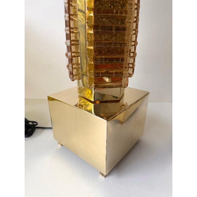 Metal Contemporary Pair of Brass and Murano Glass Blade Robot Lamps, Italy For Sale - Image 7 of 13