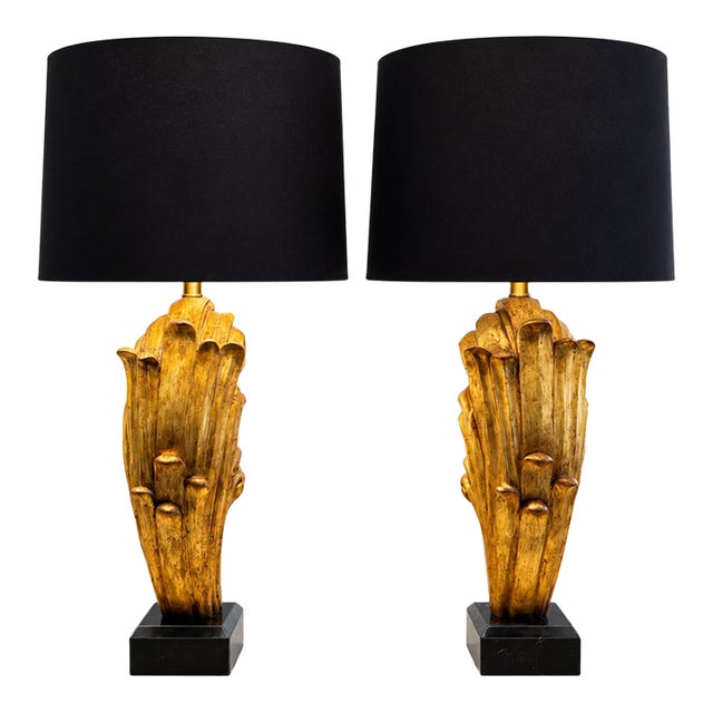 Pair of Sculptural Gold Leaf-Motif Table Lamps With Black Shades For Sale