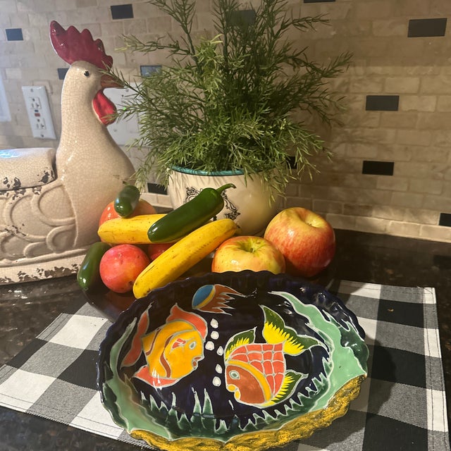 Mid-Century Jalisco hand, painted beautiful Mexican folk art bowl with scallop and ruffled edges. Fish motive lead Free....