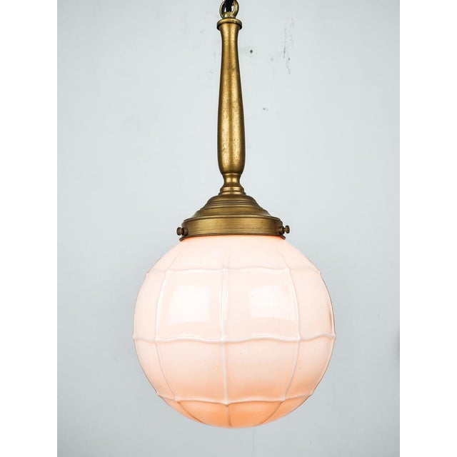 Art Deco Soft Pink Opaline Glass and Brass Pendant Light, 1940s For Sale - Image 3 of 7