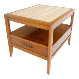 Drexel Travertine Top Walnut Base Rectangle One Drawer Side End Table Stand MINT
