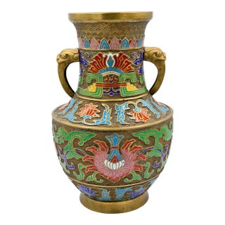 Antique Japanese Bronze Champleve Enamel Cloisonne Temple Vessel Vase Urn For Sale