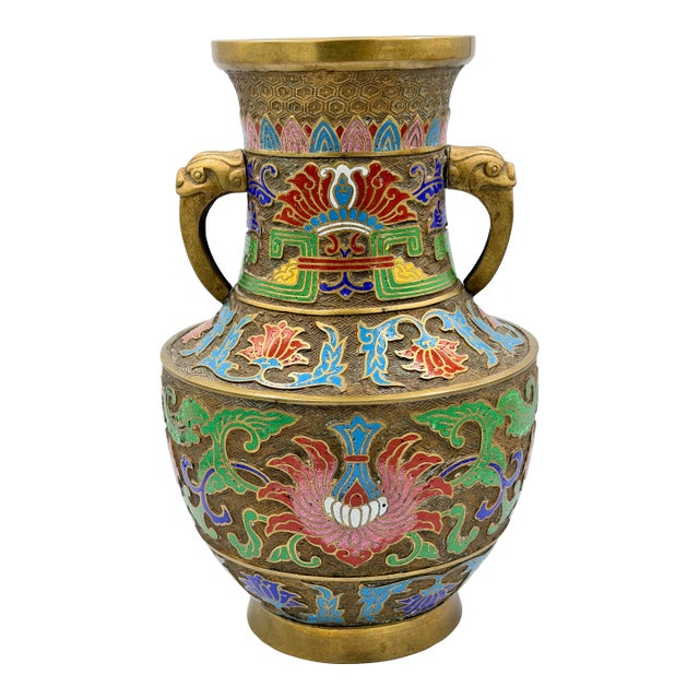 Antique Japanese Bronze Champleve Enamel Cloisonne Temple Vessel Vase Urn For Sale