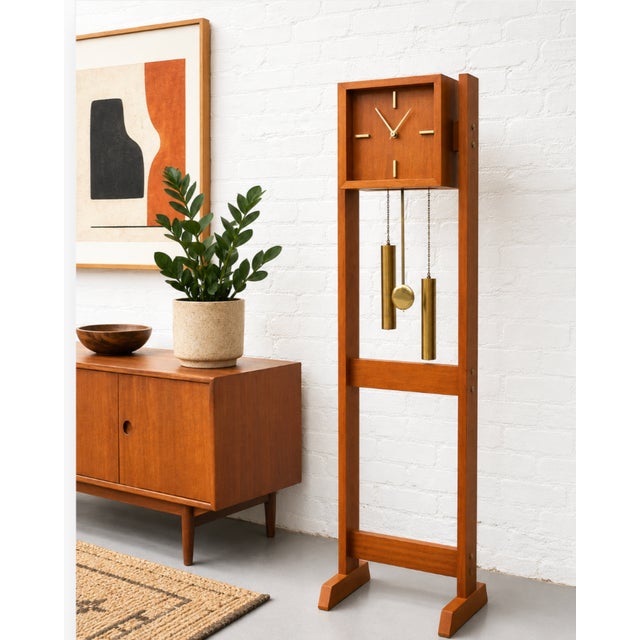 Mid-Century Modern Mid Century Modern Teak + Brass Weight Drive Chiming Floor Clock, C. 1960’s, Denmark For Sale - Image 3 of 12